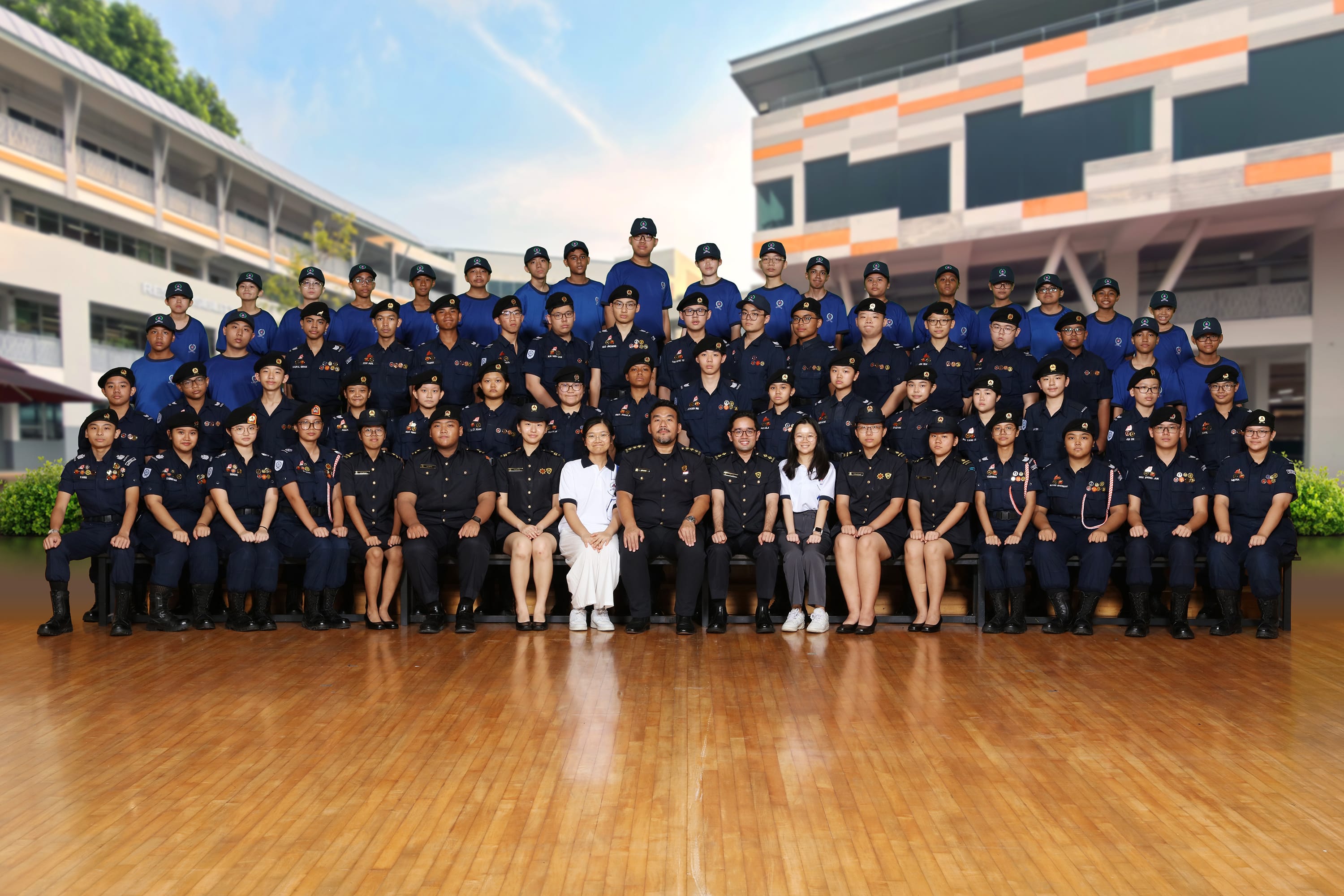 Group photo of Juying Secondary School National Civil Defence Cadet Corps members in uniform, 2024.
